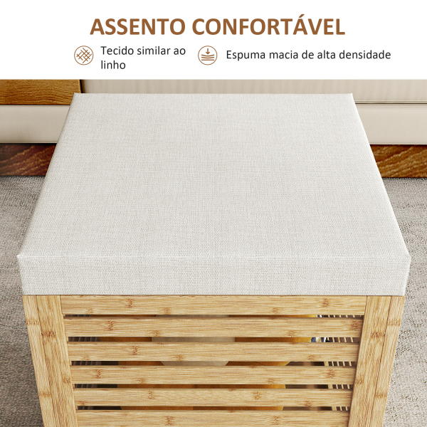 HOMCOM Banco com Armazenamento 57,7L Banco com Arrumação Estofado em Linho Sintético com Estrutura em Bambu 40x40x47 cm Cinza e Madeira - Image 5