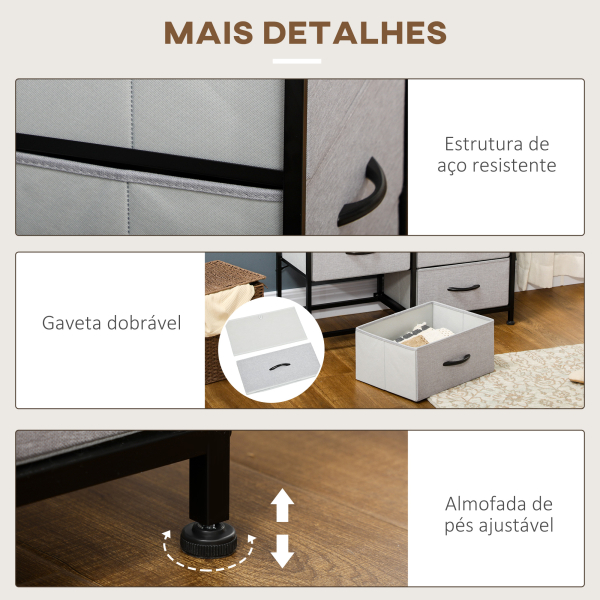 HOMCOM Cómoda Estilo Industrial Cómoda com 6 Gavetas de Tecido Dobrável com Pés com Almofadas Ajustáveis 80x30x62,5 cm Cinza e Marrom - Image 6