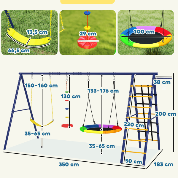 AIYAPLAY Baloiços para Crianças 6 em 1 com Baloiço Ninho Corda com Disco Rede para Escalar Escada e Aro de Basquetebol 350x183x200 cm Multicor - Image 3