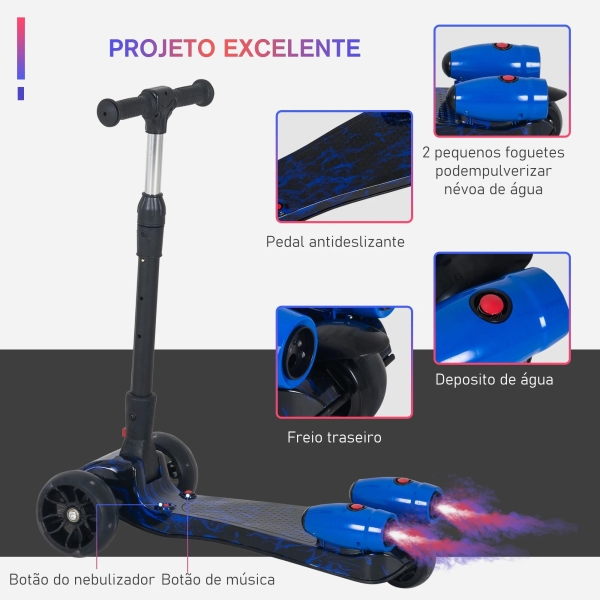 HOMCOM Trotinete dobrável para crianças acima de 3 anos altura ajustável em 4 níveis  luzes musica e Nevoeiro de água  61x26x63-81 cm Azul - Image 5