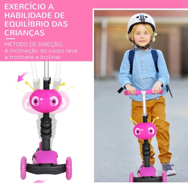 HOMCOM 5 em 1 trotinete para crianças de acima de 1 ano 3 rodas trotinete com assento removível guiador ajustável 62x25x72,5 cm Rosa - Image 8