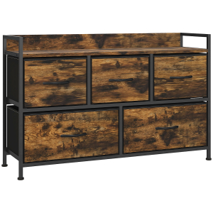 HOMCOM Cómoda com 5 Gavetas de Tecido Cómoda de Estilo Industrial com Estrutura Metálica para Quarto 98x29x63 cm Castanho Rústico