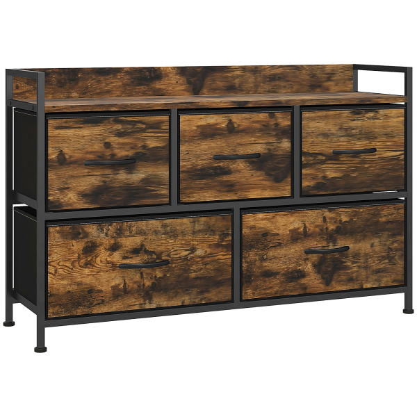 HOMCOM Cómoda com 5 Gavetas de Tecido Cómoda de Estilo Industrial com Estrutura Metálica para Quarto 98x29x63 cm Castanho Rústico