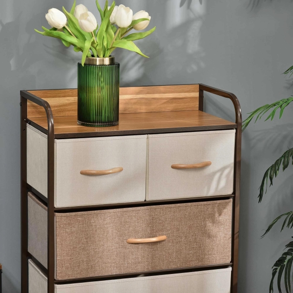 HOMCOM Cómoda de Tecido com 5 Cestos Removíveis e Dobráveis Base Elevada Móvel de Armazenamento para Dormitório Sala de Estar 58x29x99cm Multicor - Image 8