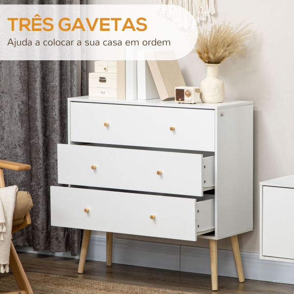 HOMCOM Cómoda com 3 Gavetas com Pés de Madeira de Pinho para Sala de Estar Escritório 80x30x80 cm Branco e Madeira - Image 5