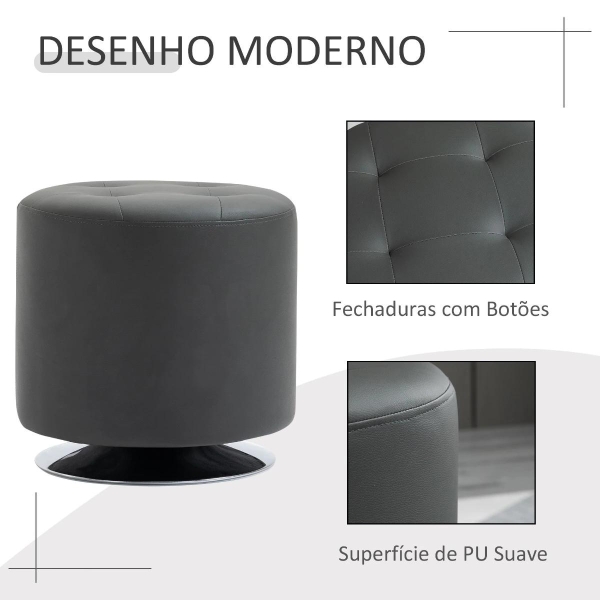 HOMCOM Apoio para os pés Otomano Giratório Banco Puff Redondo Estofado em Couro Sintético de Estilo Moderno para Dormitório Entrada Sala de Estar Ø45,5x44,5cm Cinza - Image 6