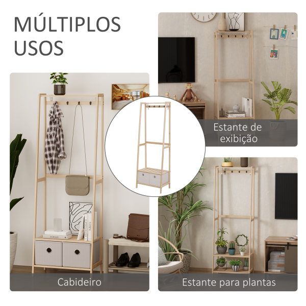HOMCOM Suporte para Cabides de Madeira 2 Prateleiras Cabide com 2 Gavetas de Tecido 4 Ganchos e Barra para Pendurar 58x36x168cm Madeira - Image 6