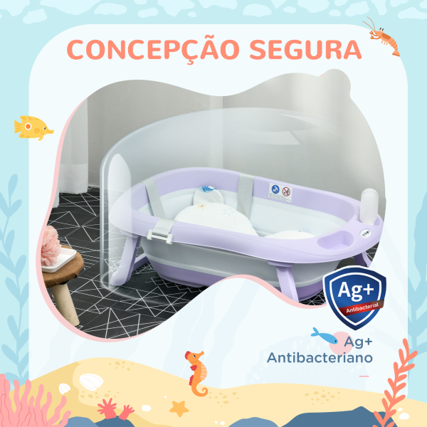 ZONEKIZ Banheira para Bebé Recém Nascido Dobrável 40L com Almofada Pés Antiderrapantes e Orifício de Drenagem 83x48x23,5 cm Roxo - Image 8
