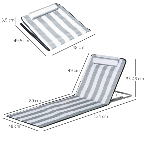 Outsunny Conjunto de 2 Esteiras de Praia com Encosto Reclinável em 5 Níveis Bolsa de Transporte e Apoio de Cabeça 48x134x33-43 cm Branco e Cinzento - Image 3