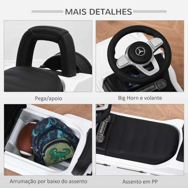 HOMCOM Carro Andador para Bebés com Licença Mercedes G350 com Compartimento de Arrumação e Volante Carga 25 kg 62,5x28,5x45 cm Branco - Image 7