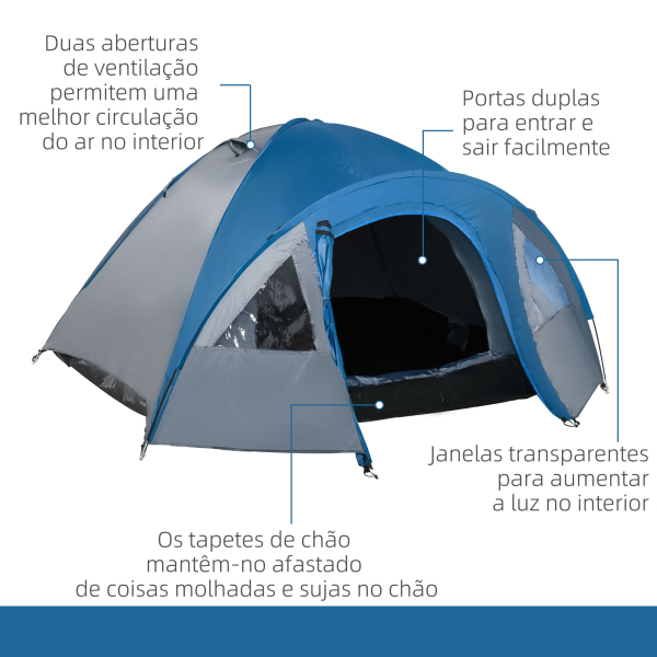 Outsunny Tenda de Campismo para 4 Pessoas Tenda de Campismo com Janelas 2 Bolsos e Bolsa de Transporte 300x250x130 cm Cinza e Azul - Image 7