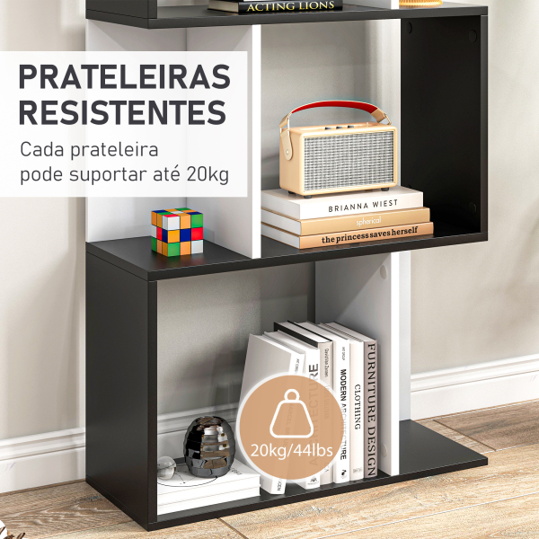 HOMCOM Estante para Livros Estante Alta de Parede com 5 Níveis em Forma de S Desenho Moderno 60x24x184,5 cm Branco e Preto - Image 6