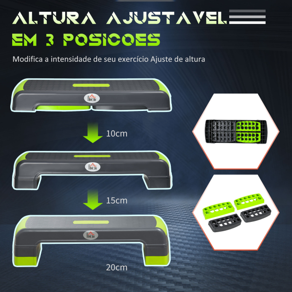 HOMCOM Plataforma Step Fitness com Altura Ajustável de 10/15/20cm Plataforma de Exercício 78x28x20cm Verde e Cinza - Image 5