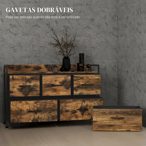 HOMCOM Cómoda com 5 Gavetas de Tecido Cómoda de Estilo Industrial com Estrutura Metálica para Quarto 98x29x63 cm Castanho Rústico - Image 6