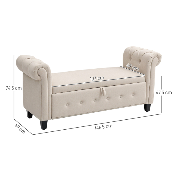 HOMCOM Banco de Pé de Cama de Linho com Dobradiças na Tampa Pés de Madeira e Apoio para os Braços 146,5x49x74,5 cm Bege - Image 3