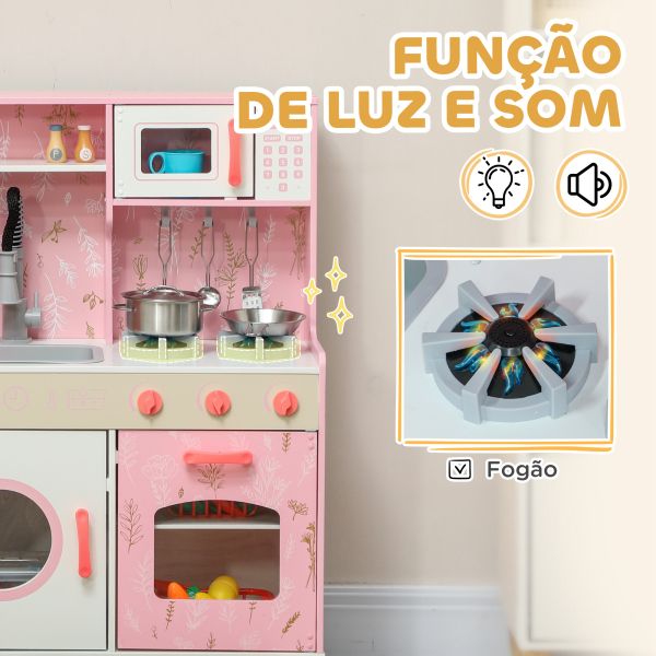AIYAPLAY Cozinha de Madeira para Crianças com Sons Fogão Forno Micro-Ondas Máquina de Gelo e Acessórios 90x33,3x91,6 cm Rosa - Image 6