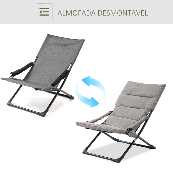 Outsunny Cadeira de Campismo Dobrável Cadeira de Jardim Portátil com Almofada Acolchoada Removível e Apoio para os Braços Estrutura de Aço para Terraço Praia Exterior 66x94x79cm Cinza - Image 6