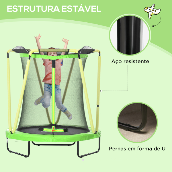 ZONEKIZ Trampolim Infantil Ø140x155 cm Trampolim para Crianças de 3-10 Anos com Cesta de Basquetebol e 20 Bolas de Plástico Verde - Image 5