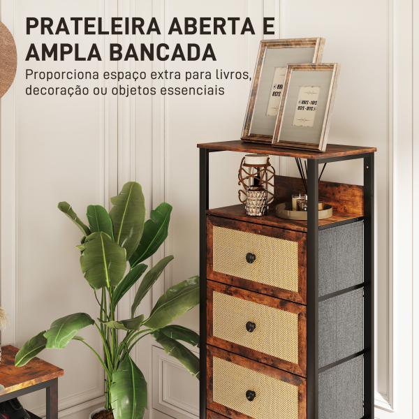 HOMCOM Cómoda de Tecido Cómoda para Dormitório com 4 Gavetas com Frente em Vime Prateleira 50x30x126 cm Marrom Rústico - Image 5