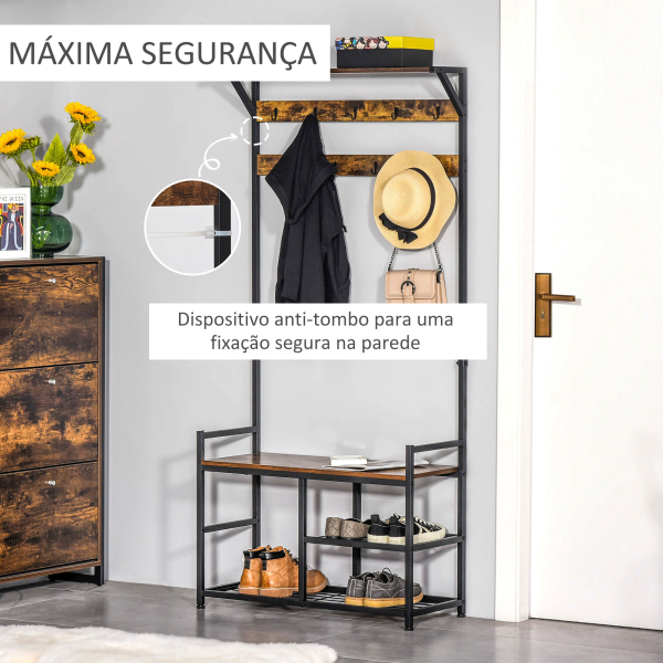 HOMCOM Móvel Cabide de Entrada com 3 Prateleiras 9 Ganchos Armário de Entrada com Cabides de Estilo Industrial 84x34,5x180cm Marrom - Image 5