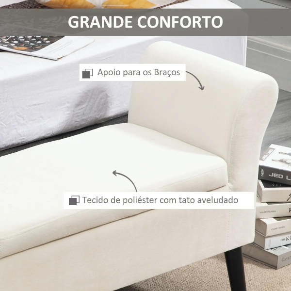 HOMCOM Banco para Pé de Cama Estofado em Veludo Banco de Armazenamento Acolchoado com Tampa Apoio para os Braços Pés de Madeira para Dormitório Sala de Estar 111,5x41x65cm Branco Creme - Image 6
