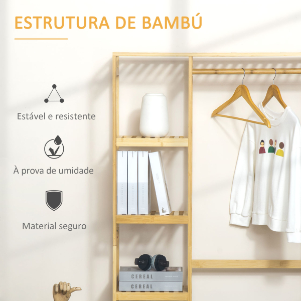 HOMCOM Suporte para Cabides de Bambu Cabideiro com Prateleiras de 4 Níveis com Barra Prateleira Inferior e Cabide Lateral 90x30x155cm Madeira - Image 5
