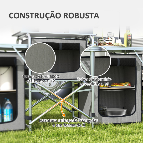 Outsunny Móvel de Cozinha para Campismo Armário Dobrável com 3 Tampos 3 Armários Suporte de Luz 4 Ganchos 172x48x119 cm Cinza - Image 7