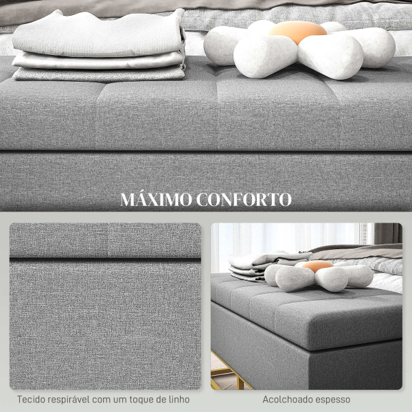 HOMCOM Banco de Armazenamento Retangular Estofado em Linho com Pés de Aço para Sala de Estar Dormitório 110x44x48 cm Cinza - Image 5