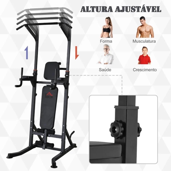 HOMCOM Estação de Musculação Torre de Treinamento Altura Ajustável com Barra de Flexões e Banco Dobrável para Fitness em Casa Academia Carga 150kg 99x178x230cm Preto - Image 7