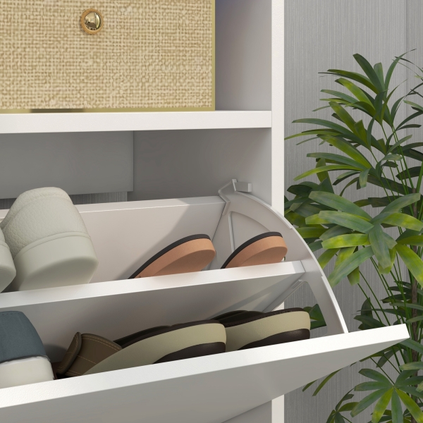HOMCOM Móvel Sapateira de Entrada com Luzes LED Prateleira Aberta e 2 Gavetas Basculantes para 12-16 Pares 80x24x99,5 cm Branco Brilhante - Image 8