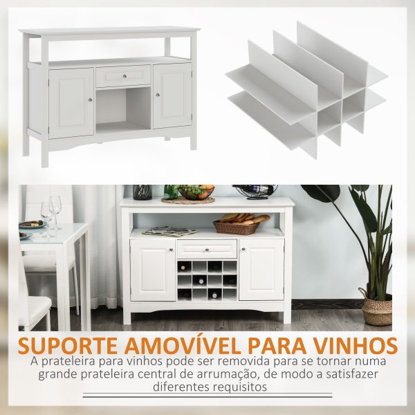 HOMCOM Aparador de Cozinha com 1 Gaveta 1 Prateleira Aberta 2 Portas e Suporte para 12 Garrafas 116,5x40x82,5 cm Branco - Image 7