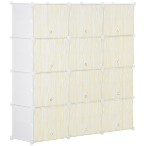 HOMCOM Armário Modular de Plástico Armário com 12 Cubos Organizadores de Sapatos Roupas Brinquedos 125x32x125cm Branco e Natural