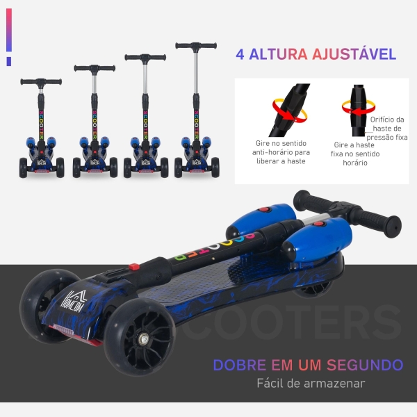HOMCOM Trotinete dobrável para crianças acima de 3 anos altura ajustável em 4 níveis  luzes musica e Nevoeiro de água  61x26x63-81 cm Azul - Image 6