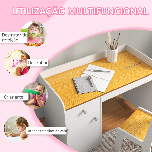 ZONEKIZ Conjunto de Secretária e Cadeira para Crianças Conjunto Infantil de 2 Peças com Gaveta e Armário para Quarto Branco e Natural - Image 5