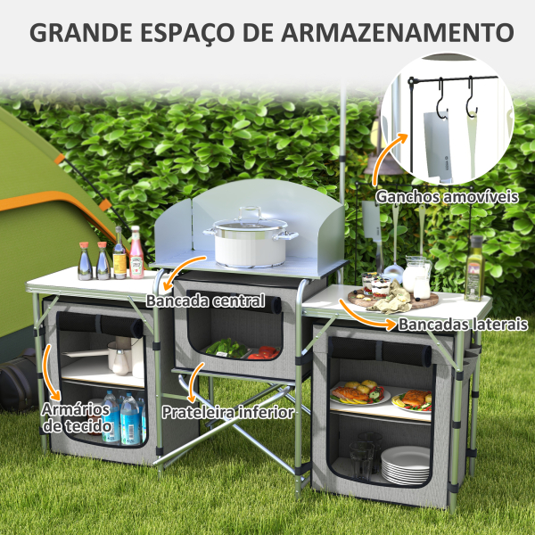 Outsunny Móvel de Cozinha para Campismo Armário Dobrável com 3 Tampos 3 Armários Suporte de Luz 4 Ganchos 172x48x119 cm Cinza - Image 4