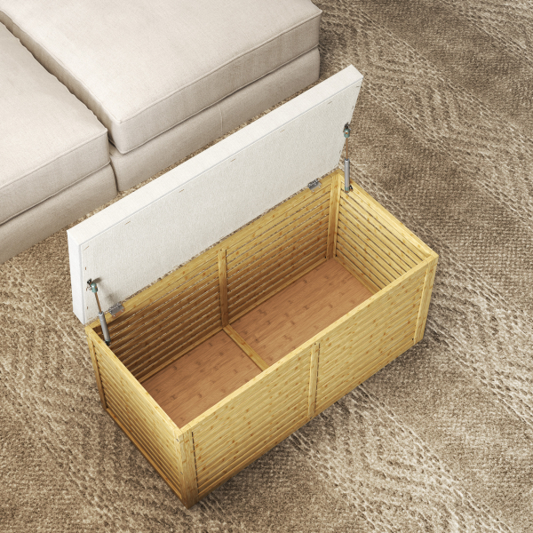 HOMCOM Baú de Arrumação para Dormitório 122L Estofado em Linho Sintético com Almofada Estrutura de Bambu 90x42x43 cm Cinza e Madeira - Image 8