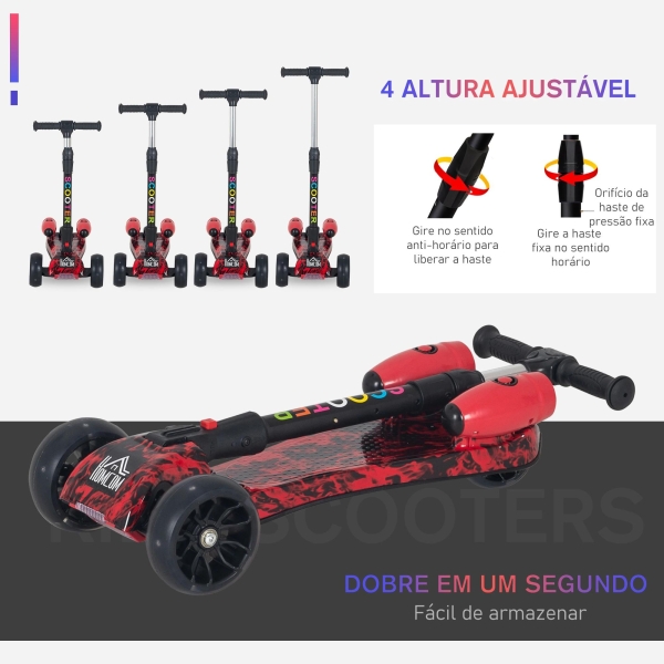 HOMCOM trotinete dobrável para crianças acima de 3 anos com altura ajustável em 4 níveis luzes musica e Nevoeiro de água 61x26x63-81 cm Vermelho - Image 7