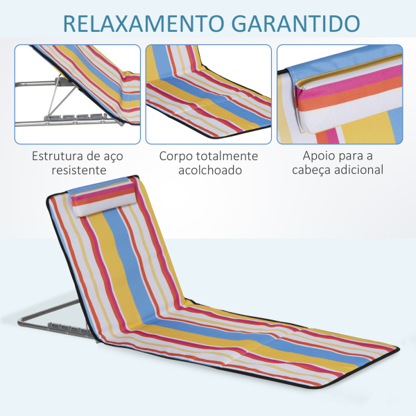 Outsunny Conjunto de 2 Esteiras de Praia Dobráveis 124x53x50cm com Encosto Ajustável e Apoio para a Cabeça Esteira de Praia Tecido Oxford Aço com Bolsa de Transporte Multicor - Image 6