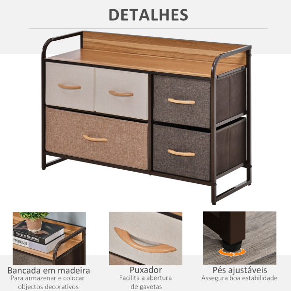 HOMCOM Cómoda com 5 Gavetas de Tecido Amovíveis e Dobráveis Base Elevada Armário de Armazenamento 87,5x29x58cm Multicor - Image 6