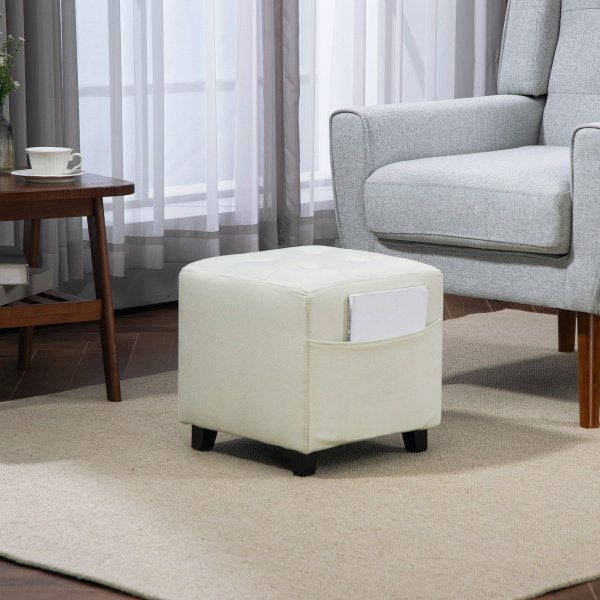 HOMCOM Apoio para os Pés Sala de Estar Banco Estofado em Linho com Bolso Lateral Tampa com Botões  35x35x35 cm Creme - Image 9