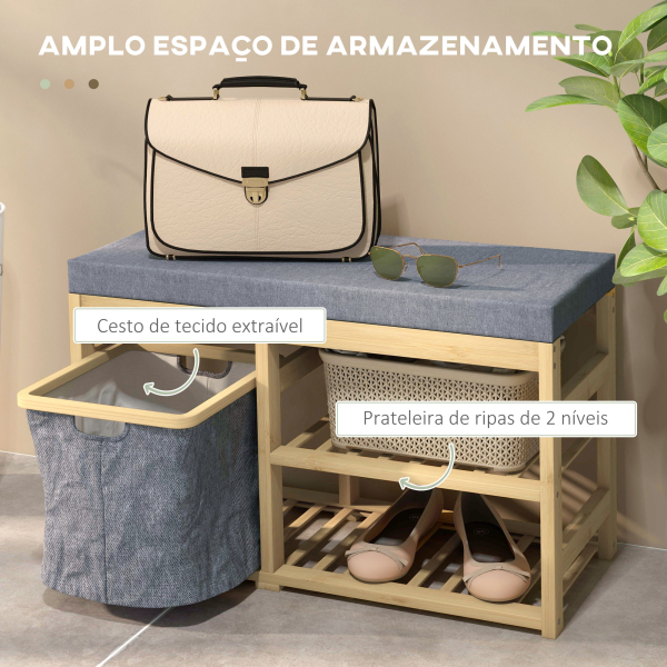 HOMCOM Banco para Sapatos de Bambu Móvel Sapateira com Assento Cesta Amovível e Prateleiras Abertas para 4 Pares de Sapatos 69x30x45 cm Madeira - Image 5