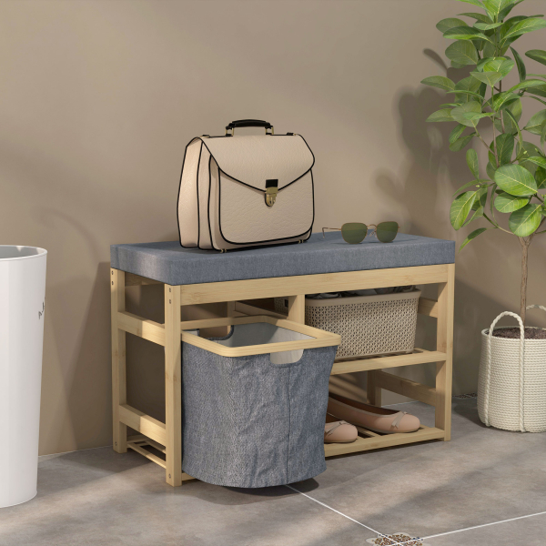 HOMCOM Banco para Sapatos de Bambu Móvel Sapateira com Assento Cesta Amovível e Prateleiras Abertas para 4 Pares de Sapatos 69x30x45 cm Madeira - Image 7
