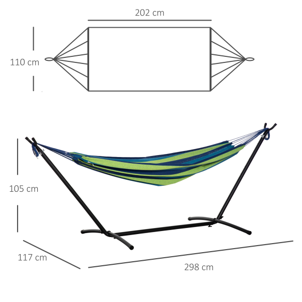 Outsunny Cama Rede com Suporte 310x117 cm com Bolsa de Transporte Altura Ajustável Capacidade 120 kg para Campismo Pátio Verde e Azul - Image 3