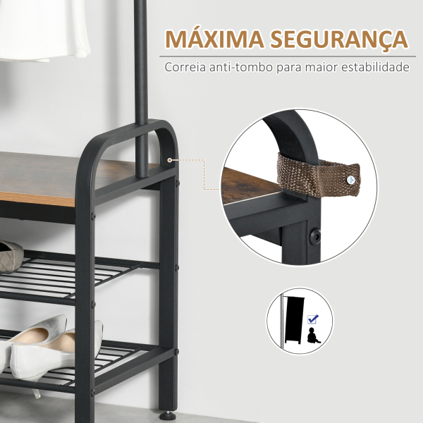 HOMCOM Móvel Cabide de Entrada com 8 Ganchos e Sapateira Armário de Entrada com Cabides 72x34x185cm Marrom e Preto - Image 5