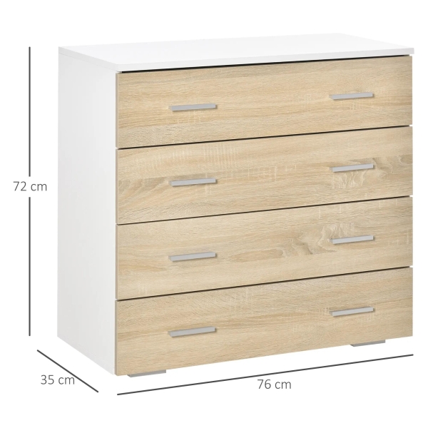 HOMCOM Cómoda com 4 Gavetas Cómoda Auxiliar de Armazenamento Moderna para Dormitório Corredor Sala de Estar 76x35x72cm Carvalho e Branco - Image 3