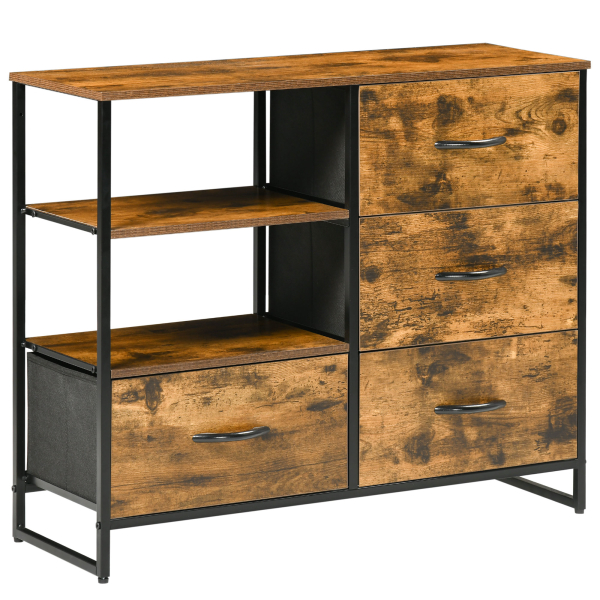 HOMCOM Cómoda com 4 Gavetas de Tecido Dobrável e 2 Prateleiras Abertas Estilo Industrial 84x30x71,4cm Marrom Rústico