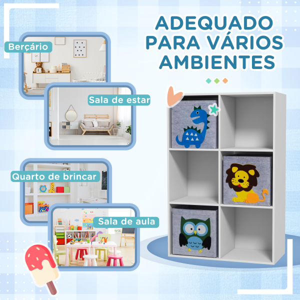 ZONEKIZ Estante para Brinquedos com 6 Compartimentos e 3 Caixas de Tecido não Tecido e Desenho de Animais 61,8x29,9x91,5 cm Branco e Cinza - Image 8