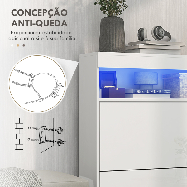 HOMCOM Móvel Sapateira de Entrada com Luzes LED Prateleira Aberta e 2 Gavetas Basculantes para 12-16 Pares 80x24x99,5 cm Branco Brilhante - Image 7