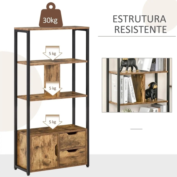 HOMCOM Estante para Livros com Armário e 2 Gavetas de Armazenamento Estante Estilo Industrial para Escritório Sala de Estar 58x24x122cm Marrom Rústico - Image 5