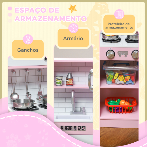 AIYAPLAY Cozinha de Brincar para Crianças acima de 3 anos Cozinha Infantil de Madeira com Acessórios Máquina de Gelo Ardósia e Telefone 83,8x26,8x81 cm Rosa - Image 9